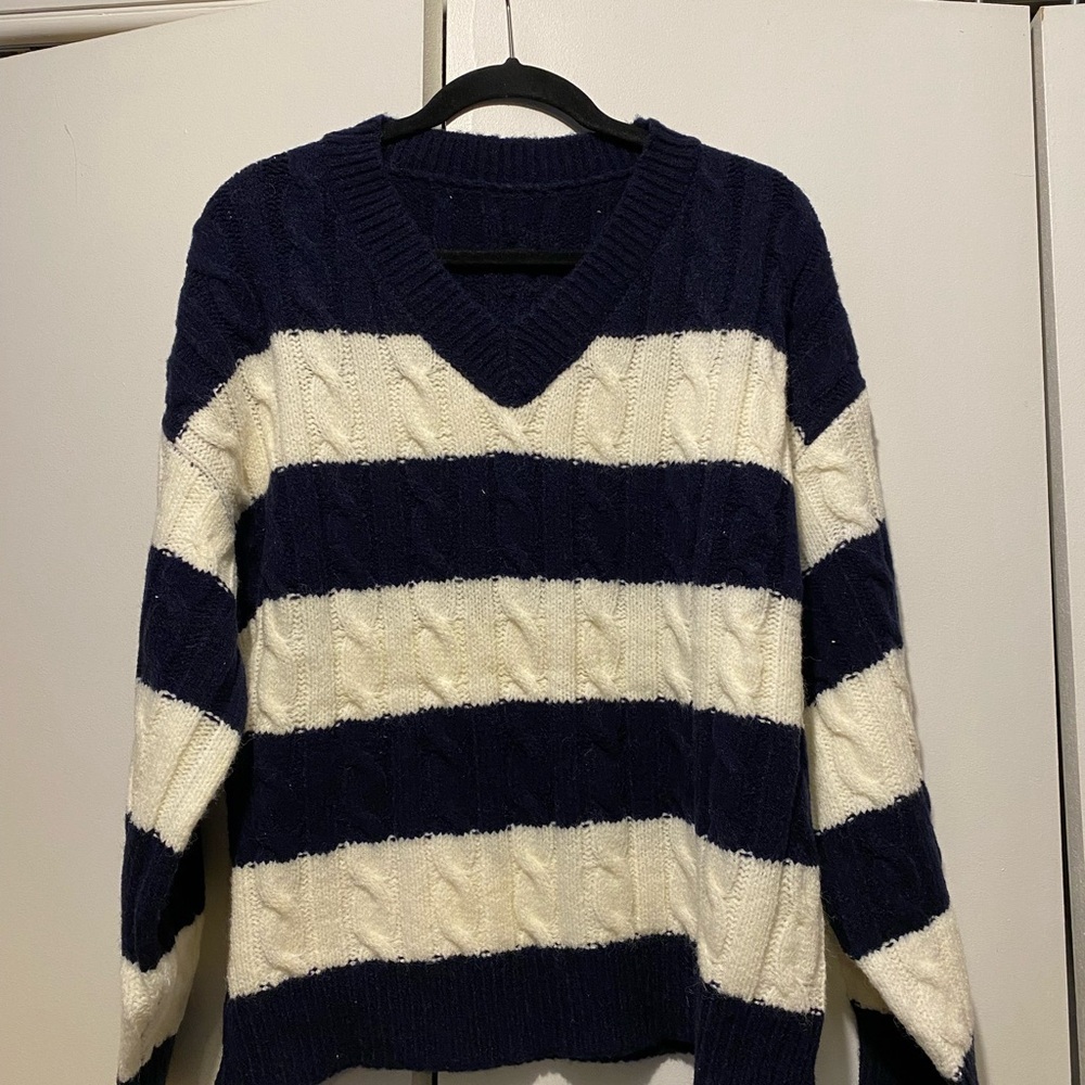 Navy and White Striped Women's Sweater